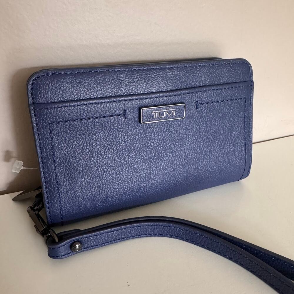 Tumi Blue Pebbled Leather Zip Around Wristlet Wallet